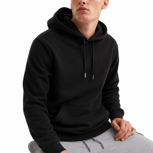 Sudadera con Capucha para Hombre, Negra, de Algodón y Felpa, Corte Regular, Color Sólido, con Bolsillo y Cierre con Cordón - Product Image 2