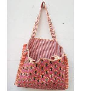 Summer Autumn Spring Travel Shopping Quilted Tote <b>Bag</b> for Pink Hand Block Printed with Elegant Ruffled <b>Sides</b> Stylish Zipper - Product Image 1