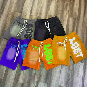 Shorts pour hommes en coton français délavé avec logo imprimé en relief coloré personnalisé OEM 2026, effet vieilli au bas, lavage à l'acide vintage - Product Image 2