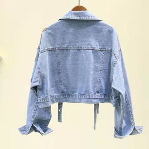 Veste en jean à prix d'usine personnalisée vêtements de lavage de détresse fleur tricot recadrée boutonné Jeans vestes pour femmes veste en jean - Product Image 5
