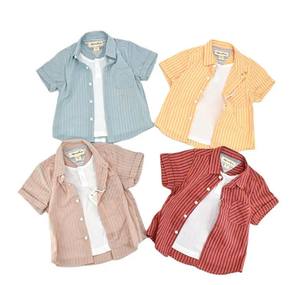 Conjunto de dos piezas de camisa de solapa de manga corta para niños a rayas transpirables de algodón informal para niños - Product Image 5
