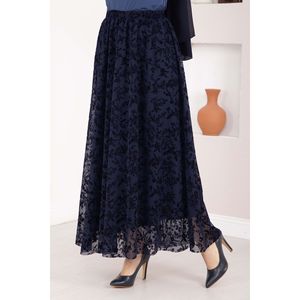 Falda de Gasa Elástica con Cintura Impero, Plisada, Bordada con Flores, en Azul Marino, con Estampado Digital y Forro de Tul Flocado Transpirable - Product Image 2