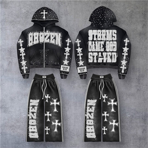 Winter Streetwear Solid Customized Lightweight Cotton <b>Tracksuit</b> Sets Distressed Embroidery Washed Finish Two-Piece Sweatpants - Product Image 1