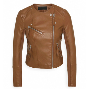 Automne hiver veste en cuir véritable pour femmes basique fermeture éclair col rabattu motif solide prix - Product Image 1