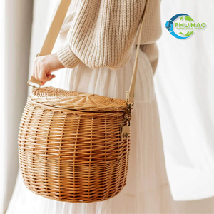 Panier de pique-nique en rotin de style vintage avec couvercle du Vietnam Grand panier de récolte en osier léger pour un voyage facile - Product Image 6