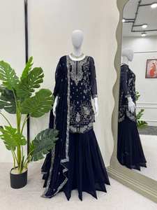 Belle traditionnelle indienne pakistanaise fausse Georgette Kurti Shalwar Kameez ensemble moderne élégant vêtements prêt à porter nouveau vente en gros - Product Image 4