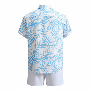 ชุดเซ็ตพิมพ์ลายดอกไม้สำหรับผู้ชายแบบ OEM - เสื้อแขนสั้นลายใบไม้สีน้ำเงินและกางเกงขาสั้นสีขาว ชุดฤดูร้อน 2 ชิ้น - Product Image 2