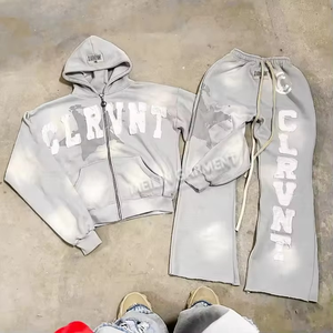 Survêtement unisexe à capuche zippé de haute qualité, 100 % coton molletonné, délavé à l'acide, effet vieilli, avec appliqué brodé, coupe oversize - Product Image 1