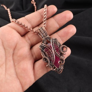 Kashmiri Ruby <b>Pink</b> Gemstone Pear Cut Copper Wire <b>Wrapped</b> Fashion Pendant Necklace Oxidized Silver Valentine Gift For Her - Product Image 2