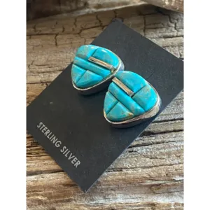 Navajo Number 8 Turquoise <b>Sterling</b> <b>Silver</b> Geometric Inlay <b>Stud</b> <b>Earrings</b> - Product Image 4