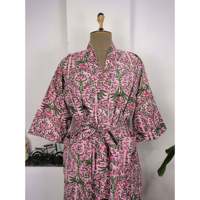 Robe Kimono Bohème Imprimée à la Main en Pur Coton, Style Indien, pour la Plage ou comme Cache-maillot, Motif Feuille Verte Rose