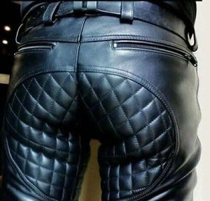 Venta al por mayor 2025 hombres negro acolchado Biker cuero pantalón Real suave piel de oveja diseñador cuero pantalón botón cierre OEM - Product Image 3