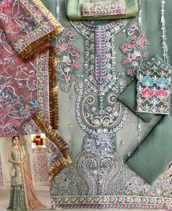 Robe verte claire et couleur pêche, chemise en ORGANZA et filet dupata de haute qualité SALWAR KAMEEZ GARARA de WS INTERNATIONAL - Product Image 2