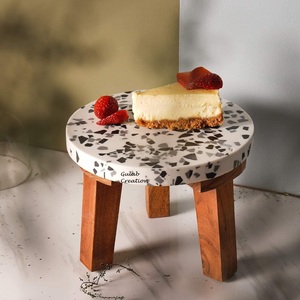 Terrazzo Resin Cake Serving Stand with Natural Wooden Leg Modern Decorative <b>Dessert</b> Display Tray for Parties, Weddings, Home Use - Product Image 2
