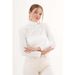 Blusa Blanca de Cuello Alto con Fruncidos en Hombros y Cintura, Tejido de Punto al por Mayor - Product Image 6