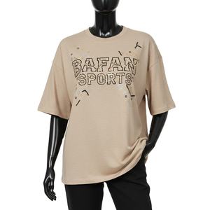 Women Boxy T Shirt Premium Cotton Jersey Sand Beige Oversized Fit Rhinestone <b>Sequin</b> Graphic Print Women Boxy T Shirts Cotton - Product Image 1