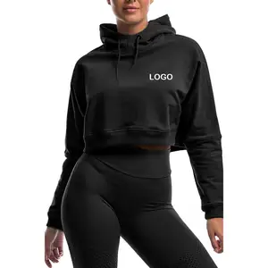 2023 yeni stil OEM ODM rahat özel Logo baskı Polyester kısa Hoodie yüksek kalite tişörtü kadın kırpma üst Hoodie