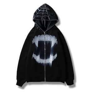 Sweat à capuche gothique avec strass et dents de vampire pour hommes, sweat-shirt zippé avec design en cristal étincelant, streetwear en coton polaire à la mode - Product Image 1