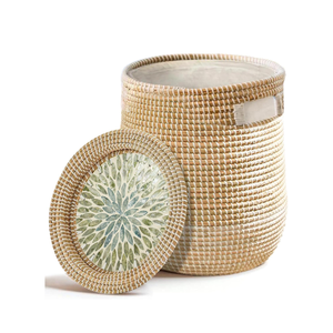 New Seagrass Laundry Hamper with Mother of Pearl <b>Lid</b> & Handles Modern Bathroom <b>Storage</b> <b>Basket</b> made by Vietnamese - Product Image 1