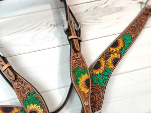 Juego de arreos de cuero repujado con diseño de girasol amarillo y cactus verde, juego de cabezada, pechera y brida para caballo estilo western, tamaño completo/mediano - Product Image 5