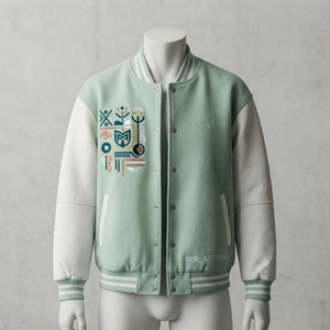 Chaqueta de Hombre Verde Menta con Mangas de Cuero, Mezcla de Lana, Botones a Presión, Cuello Acanalado, Bordada, Casual, Personalizada - Product Image 1