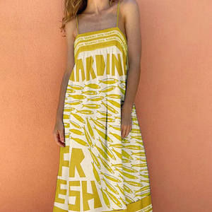 Primavera y Verano de las mujeres de moda Casual elegante vacaciones estilo contraste Color letras inglesas pez Latino impreso vestido de tirantes - Product Image 1