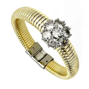 A9175C grosir gelang Coil berlapis emas gelang wanita perhiasan mewah bunga Pave CZ