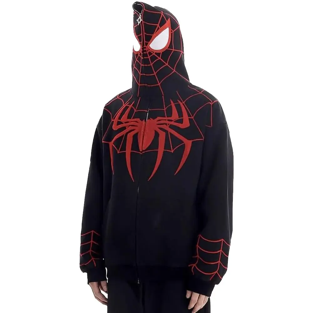 Wholesale Embroidered Spider Print Men Thick Fleece Black Full Face Zip Up Hoodies For Sale In Bulk By Laz Industry