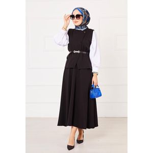 Cross Buttoned <b>Skirted</b> Double Hijab 2-Piece Casual Set Autumn Crepe Fabric Woven Pattern <b>Black</b>" - Product Image 4
