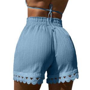 Shorts Casuales de Cintura Alta para Mujer, con Textura, Cordón Elástico, Shorts de Playa de Verano, con Ribete de Encaje Festoneado, Ajuste Holgado, Estilo Algodón - Product Image 2