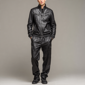 Fashionable PU Zipper Hoodie Jogger Leather <b>Pants</b> Two Piece <b>Suit</b> Men Winter Genuine Leather <b>Suit</b> Mens - Product Image 4