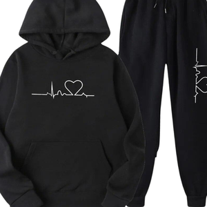 Ensemble de survêtement à capuche imprimé avec motif de battement de cœur pour femmes, jogging en polaire, ensemble noir décontracté, streetwear, hiver, chaud, respirant, coupe-vent - Product Image 4