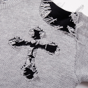 Pull-over en tricot personnalisé OEM pour hommes en coton jacquard d'hiver déchiré col rond anti-rides LOGO - Product Image 4