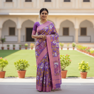 Royal Bloom Kalamkari Hand-Drawn Printed Cotton Saree Banarasi Model Heavy Georgette <b>Net</b> <b>Fabric</b> for Indian Pakistani Party Wear - Product Image 1