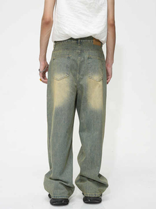 กางเกงยีนส์สำหรับผู้ชายกางเกงยีนส์ขาบานลำลองสไตล์สตรีทแวร์สไตล์ฮิปฮอปกางเกงผู้ชายทรงตรงทรงหลวมลายทางโค้ง - Product Image 5