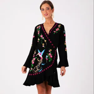 New Fashion Wholesale Ukrainian Black Short Embroidered With Tassel Mini Dress Vintage Look Full Sleeve One Pieces Dress