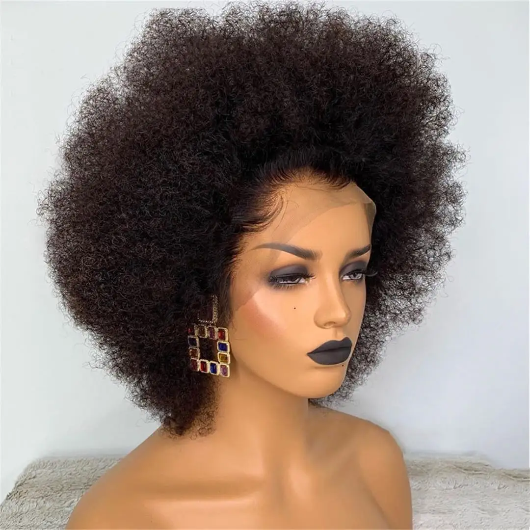 Kurze Pixie Afro Kinky Curly Echthaar Lace Front Perücke mit 4C Hair Line Fluffy Hair 13x4 Lace Frontal Perücke