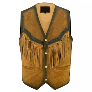Classic Cow Suede <b>Leather</b> Fringed & Beaded Hand Made Work Western Style Cowboy Style American <b>Men</b> Suede <b>Vest</b> - Product Image 2