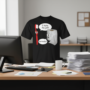 T-shirt retrò con spazzolino da denti e carta igienica 'I Hate My Job' - T-shirt promozionale divertente - Product Image 3