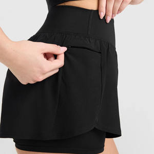 Pantalones cortos negros 2 en 1 para correr con logotipo personalizado para mujer, pantalones cortos elásticos de cintura alta y doble capa para mujer, pantalones cortos de gimnasio - Product Image 4