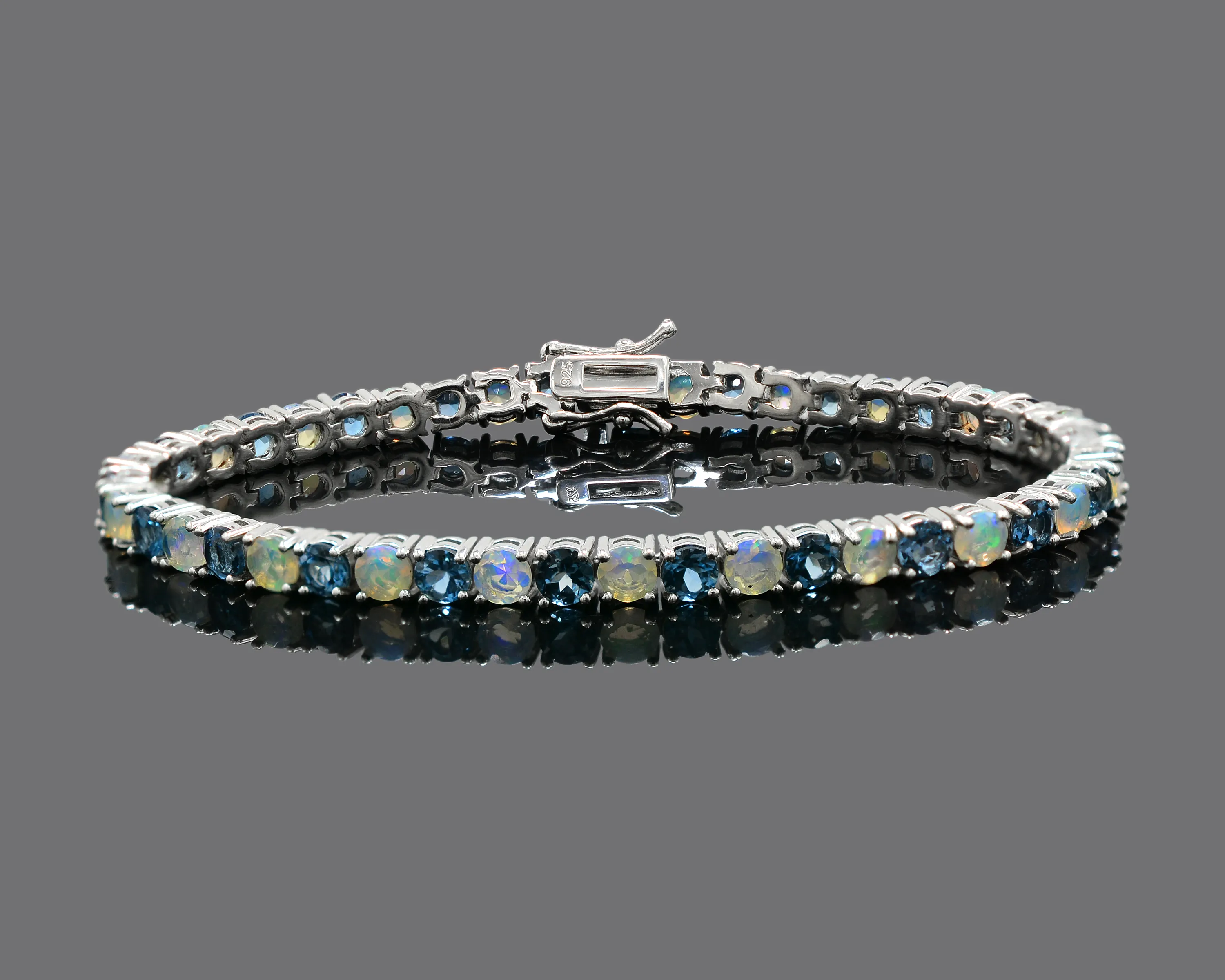 Beautiful Natural Ethiopian Fire Opal & London Blue Topaz Faceted Round Shape 925 Sterling Silver Tennis Bracelet Manufactures