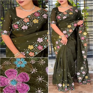 Sari Elegante de Seda Arrugada VASTRA COTTAGE con Lentejuelas, Cuentas Bordadas, Trabajo de Hilo Multicolor y Blusa Bordada con Malla Suave - Product Image 2
