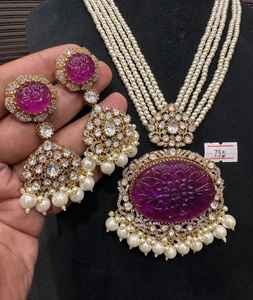 <b>Gold</b> Plated Luxury Designer Polki Necklace <b>Set</b> with <b>Earrings</b> Bridal Jewelry for Wedding & Party Celebration - Product Image 1