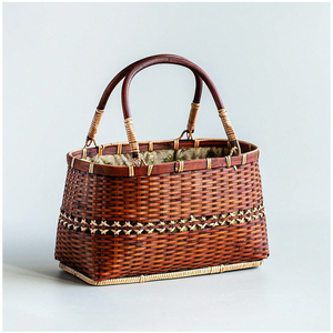 Bolsa de Exterior de Tamaño Mediano, Ligeramente Rígida, con Cierre de Cordón, Tipo Caja, Forro de Algodón y Tejido de Paja de Bambú Hecho a Mano - Product Image 1