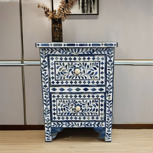 Table de chevet à 2 tiroirs de qualité supérieure, bleu floral, design moderne personnalisé, style classique traditionnel de luxe, meubles en bois massif pour la maison - Product Image 4