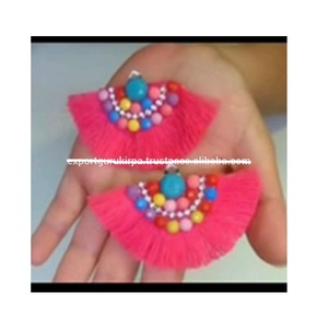 Pendientes de hilo de seda para mujer de último diseñador con pompón y aro de cuentas estilo borla de moda para fiestas regalos de bodas - Product Image 5