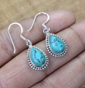 Super véritable tibétain Turquoise Vintage balancent goutte solide 925 en argent Sterling fait à la main boucle d'oreille poire forme mariage chrétien - Product Image 2