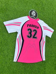 Camiseta de Béisbol Personalizada con Logotipo, Cómoda, Transpirable, Sublimada, Cuello Redondo, Manga Corta, Uniforme Deportivo Rosa y Blanco - Product Image 2