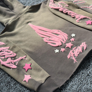 Streetwear personnalisé en détresse brodé Patch strass fermeture éclair à capuche et pantalon de survêtement ensemble hommes lavage à l'acide survêtement - Product Image 4