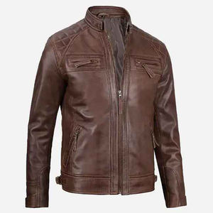 Veste de moto en cuir d'agneau véritable pour homme, col rond, fermeture éclair, crochetée, respirante, longueur standard, haut de gamme, chaude pour l'hiver - Product Image 2